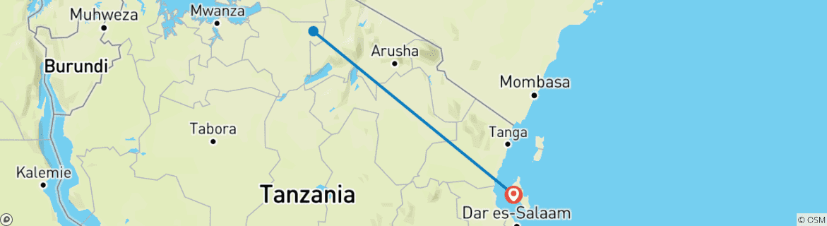 Map of A 3-day flying safari in the Serengeti, commencing from Zanzibar.