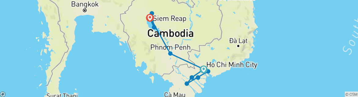 Map of Saigon to Siem Reap (Partially Guided) - 9 days