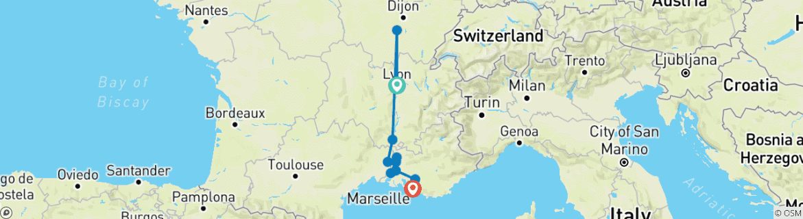 Map of Sensations of Lyon and Provence & Aix-en-Provence (from Lyon to Marseille)