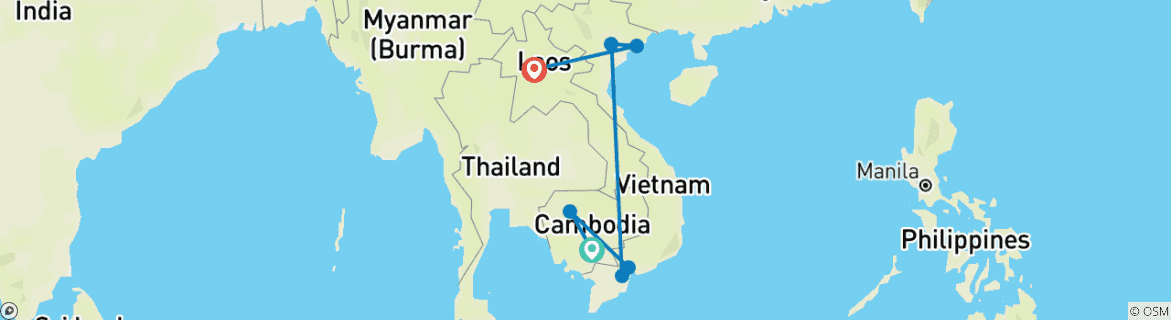 Mapa de Magnífica Camboya, Vietnam y Laos en 14 días