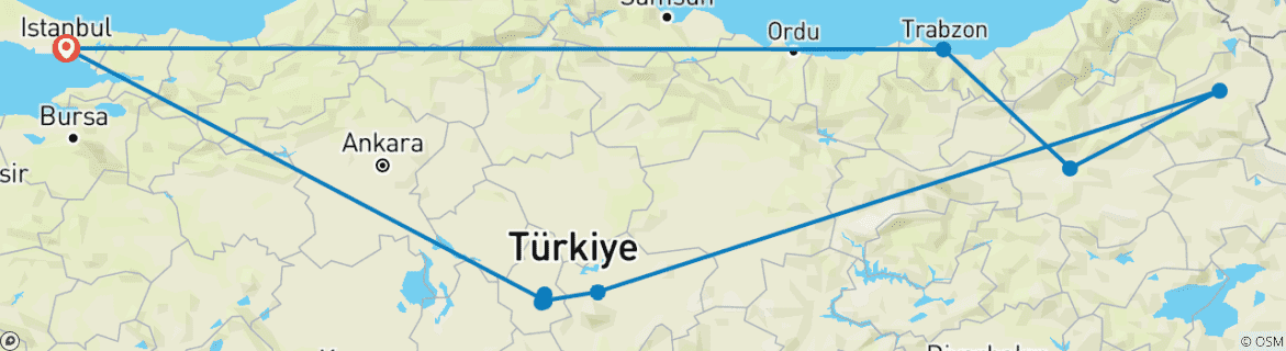 Image of a map showing the route of the tour