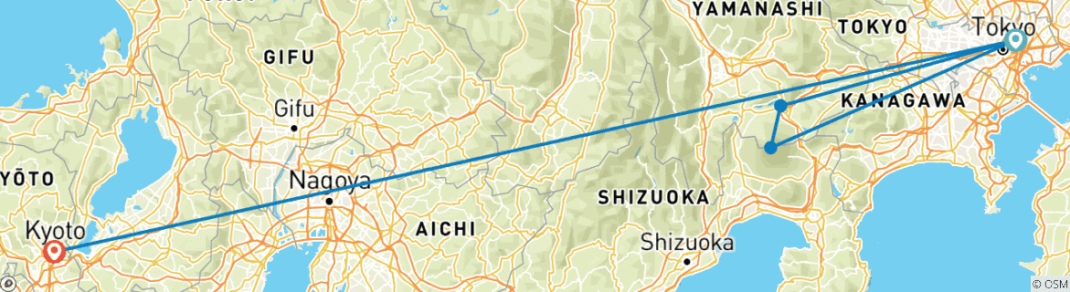 Map of 7 Day Highlights of Japan Tour Package