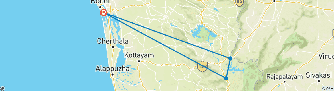 Carte du circuit Depuis Kochi : Circuit de 3 jours dans le sanctuaire de Periyar