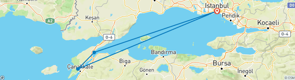Image of a map showing the route of the tour