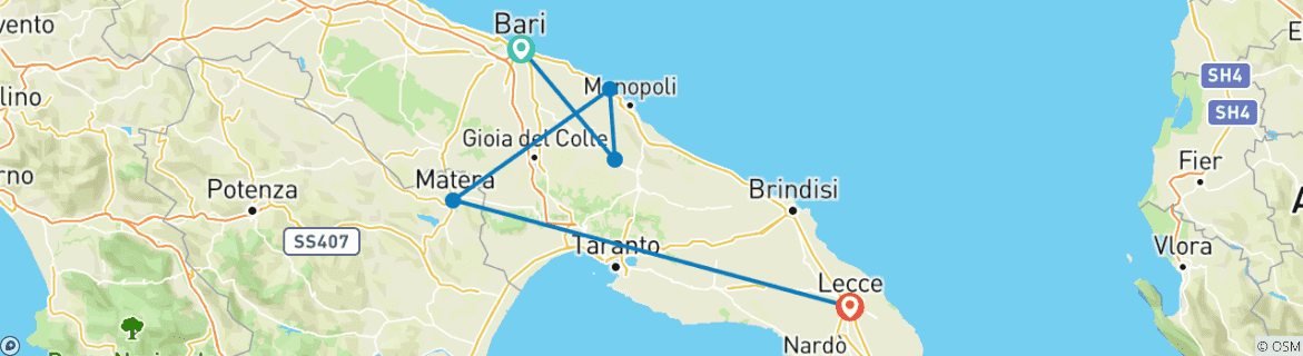 Map of 7 Day Highlights of Puglia Tour Package