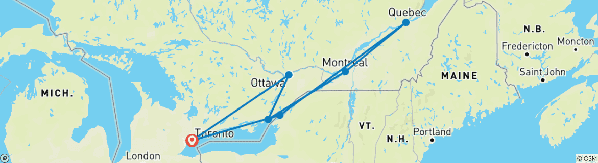 Map of Explore Canada East in 3 Days: Montreal, Ottawa, Quebec City, and Kingston