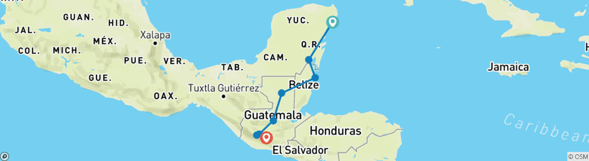 Image of a map showing the route of the tour