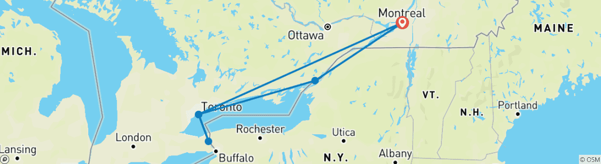 Mapa de Aventura definitiva en Canadá: Circuito por Toronto, las Cataratas del Niágara y las Mil Islas