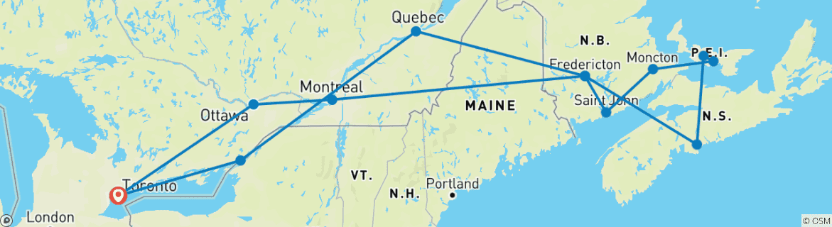 Mapa de Embárcate en la aventura definitiva de 7 días por el este de Canadá y las Provincias Marítimas