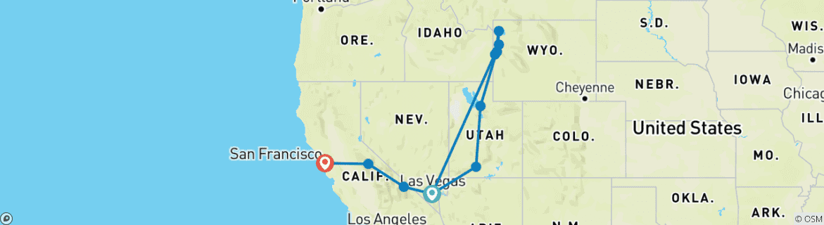 Map of Yellowstone & Yosemite (Camping/Hotel) - 11 days