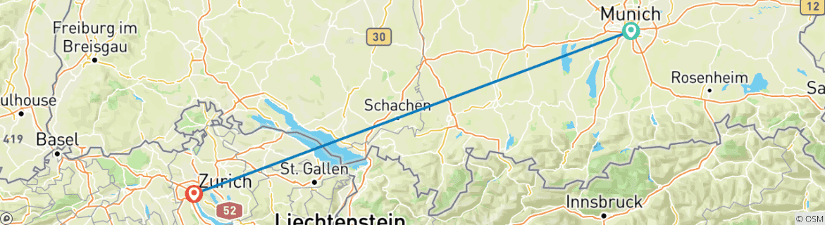 Map of 7 Day Munich And Zurich Including Grindelwald ,Interlaken and Neuschwanstein