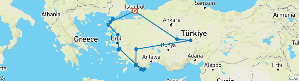 Image of a map showing the route of the tour