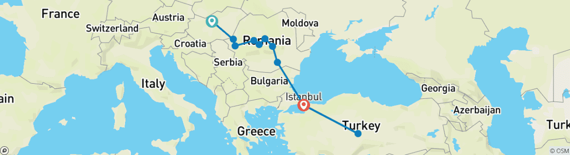 Map of 9 Days from Budapest to Istanbul & Cappadocia A Heritage Adventure 3FLIGHTS INCLUDED