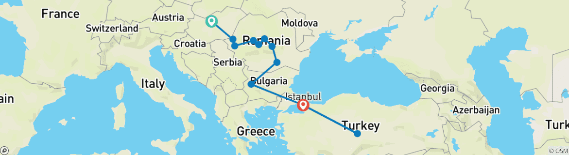 Map of 11 Days from Budapest to Istanbul & Cappadocia Via Bucharest, Sofia 3FLIGHTS INCLUDED