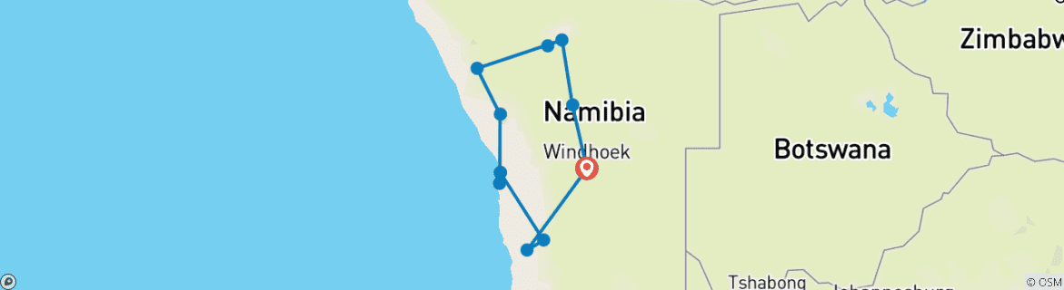 Carte du circuit Safari en camping en Namibie