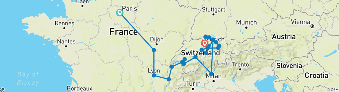 Carte du circuit Circuit en France et dans les Alpes suisses depuis Paris en 11 jours