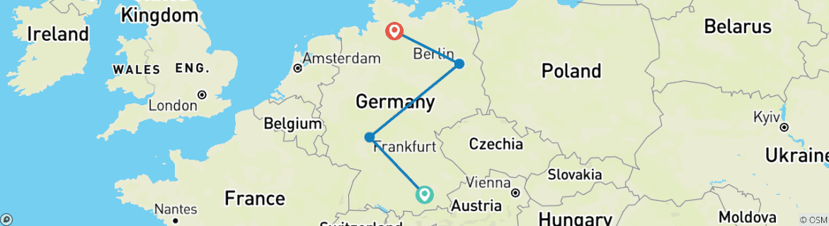 Carte du circuit 9 jours d'Allemagne en train - Munich, Francfort, Berlin et Hambourg