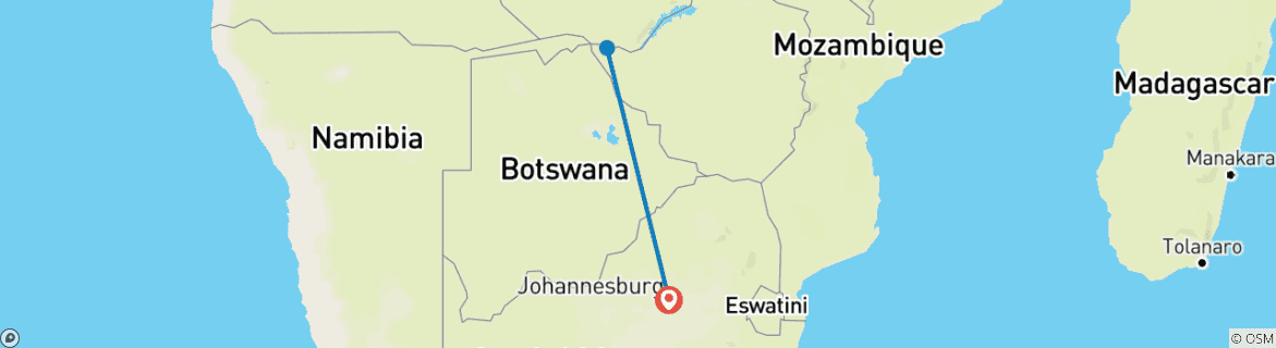 Map of 3 Day Victoria Falls Tour from Johanensburg