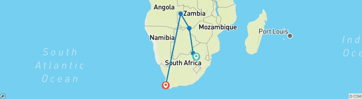 Map of 【South Africa, Zambia, and Zimbabwe】10-Day Tour Package with Pilanesberg National Park & Victoria Falls