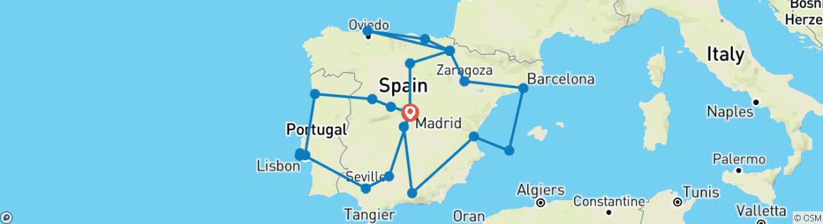 Carte du circuit Le meilleur de l'Espagne et du Portugal (27-35 ans, 23 jours)