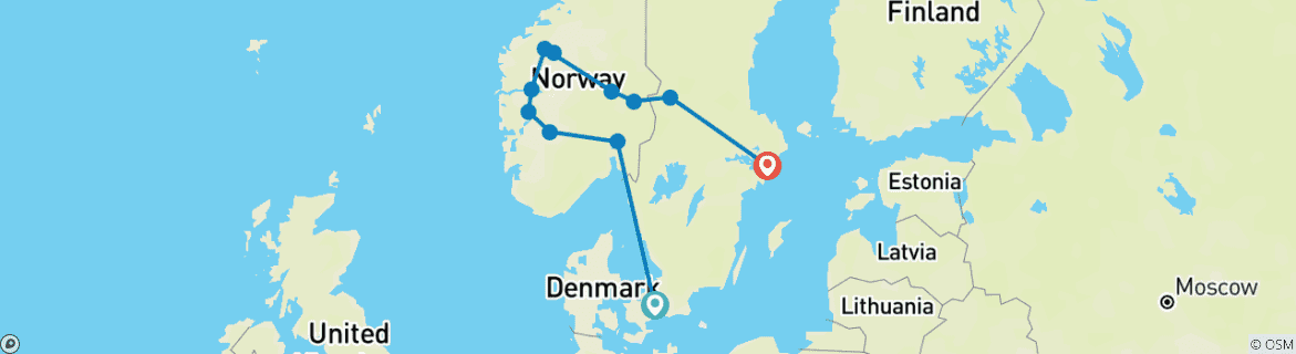 Kaart van Scandinavië (27-35 jaar, 12 dagen)