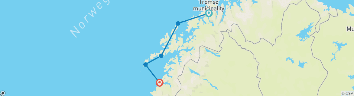 Kaart van Tromsø en Lofoten met Arctische route