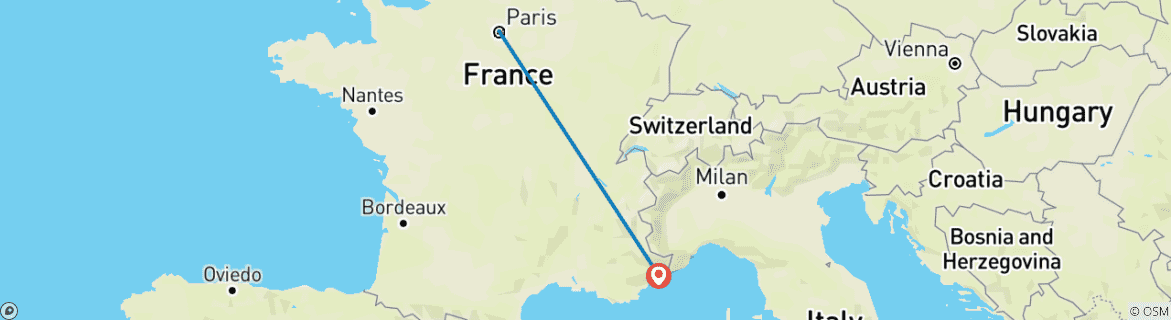 Map of 7 Day France- Paris And Nice by Train including Monaco And Versailles