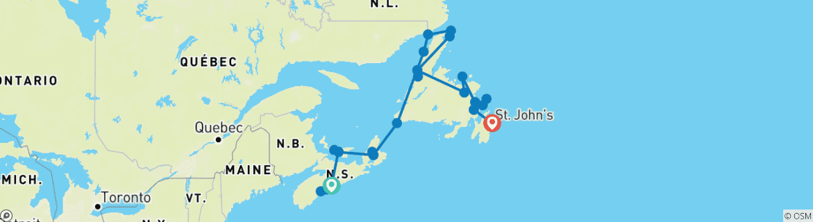 Map of Halifax to St John's (Small Group) - 18 days