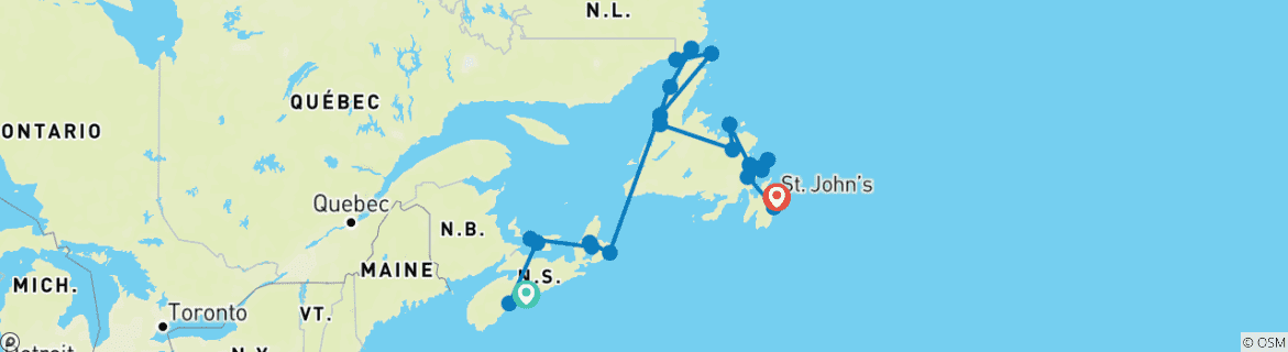 Map of Halifax to St John's - 18 days