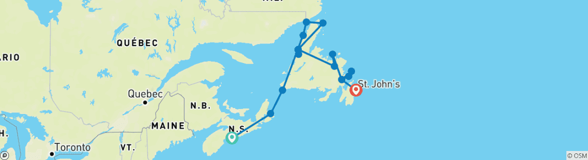 Map of Nova Scotia to Newfoundland (Small Group) - 13 days