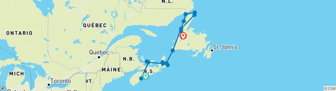 Map of Nova Scotia, Prince Edward & Newfoundland (Small Group) - 13 days