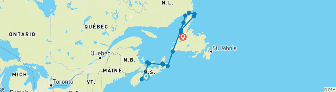 Map of Nova Scotia, Prince Edward & Newfoundland - 13 days