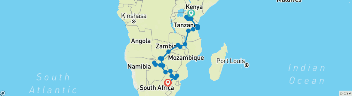 Carte du circuit Nairobi - Johannesburg 33 jours en Overlanding