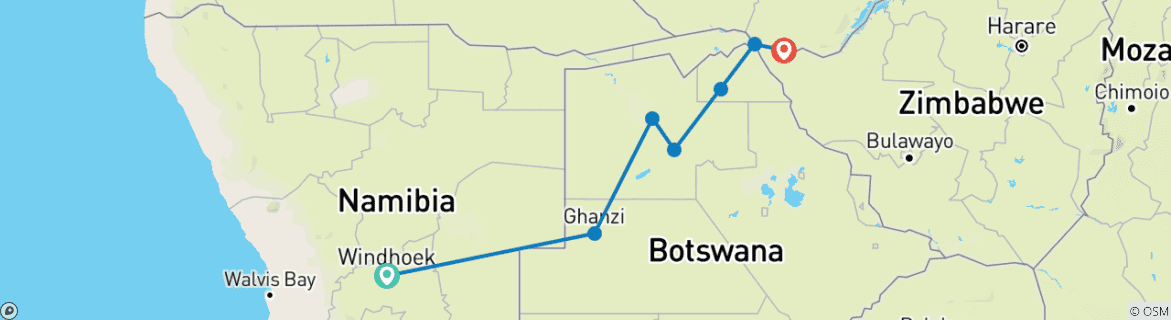 Map of Windhoek to Victoria Falls 9 Days Overlanding