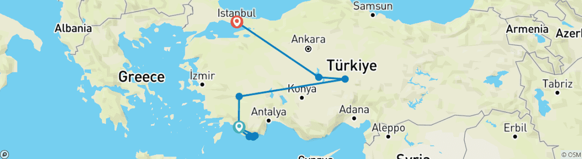 Image of a map showing the route of the tour