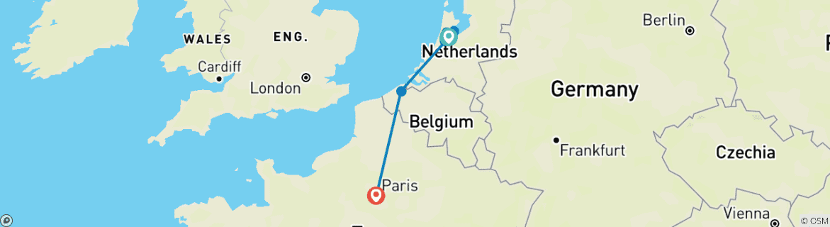 Karte von Amsterdam und Paris Tour Paket mit Brüssel und Brügge in 6 Tagen