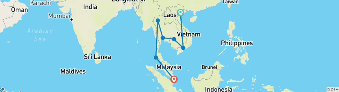 Map of 22 Days Vietnam, Cambodia and Thailand with Singapore Extension (private guide & driver）