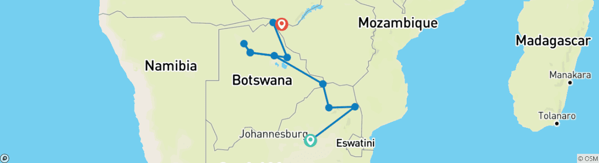 Map of Johannesburg to Victoria Falls 12 Days Overlanding