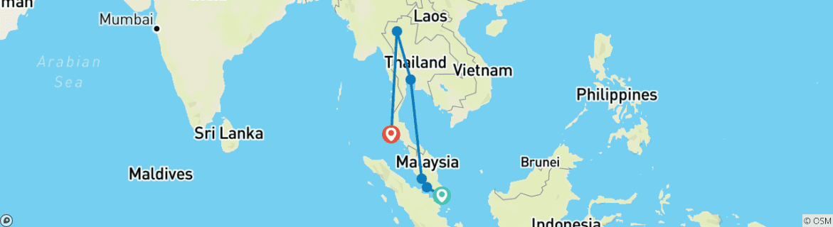 Mapa de 17 Días Singapur, Malasia y Tailandia Hightlights (guía y conductor privados）