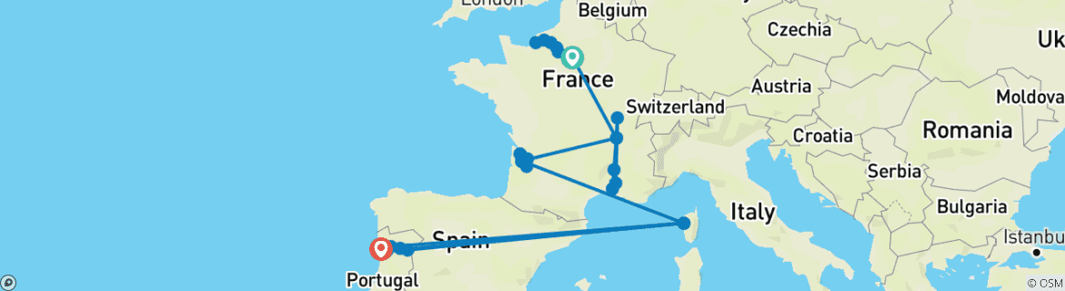 Map of France and Portugal Grand Journey