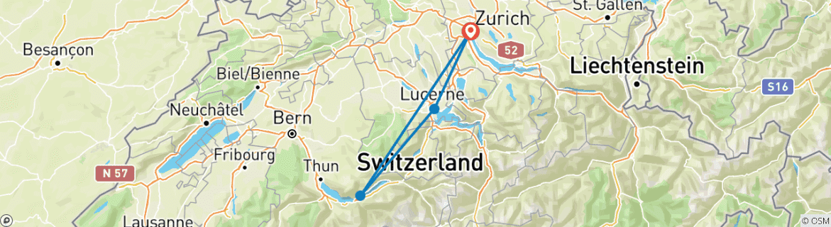 Kaart van Zwitserland in een week (Zürich, Interlaken en Luzern)