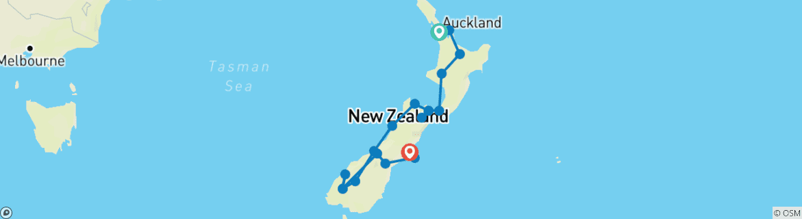 Map of New Zealand safari - From Auckland to Christchurch