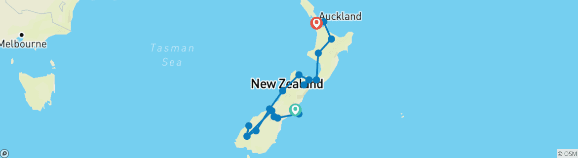 Map of New Zealand safari ─ From Christchurch to Auckland