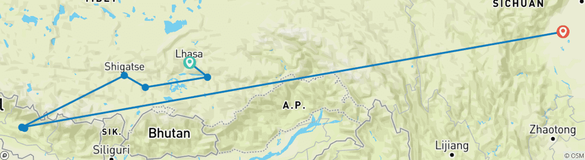 Map of China,Tibet, Nepal - OverLand From Lhasa to Kathmandu