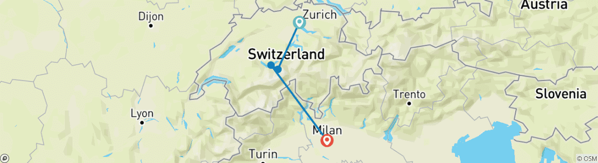 Map of 7 Day Zurich And Milan By Train including Grindelwald and Interlaken