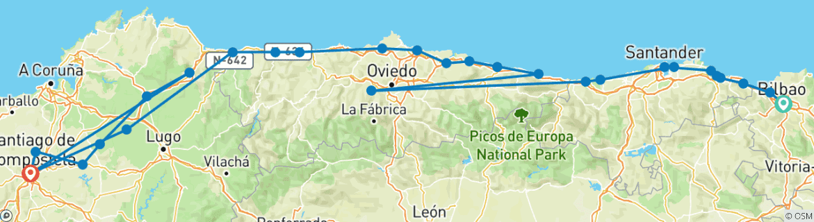 Karte von Camino Norte Bilbao nach Santiago