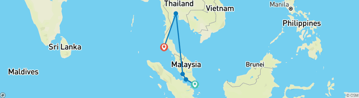 Mapa de Viaje familiar de 14 días a la mezcla perfecta de Singapur, Malasia y Tailandia (guía y conductor privados）