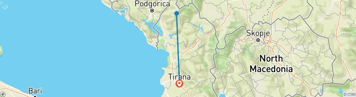 Map of Day tour of Theth from Tirana