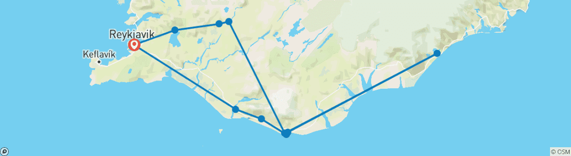 Carte du circuit L'Islande en 3 jours : Cercle d'Or, Côte Sud et Lagon des Glaciers en petit groupe avec visite optionnelle des Grottes de Glace