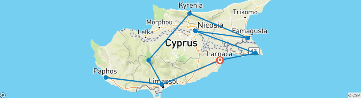 Kaart van Gepersonaliseerde 9-daagse Classi Cyprus rondreis, dagelijks vertrek (privégids en chauffeur)